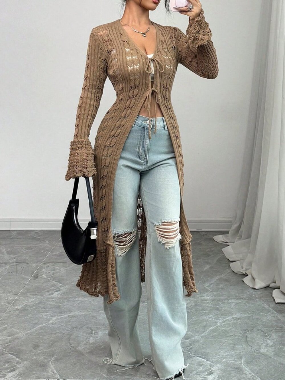 Brown Casual Women's V Neck Long Sleeve Knit Flare Cuff Midi Cardigan